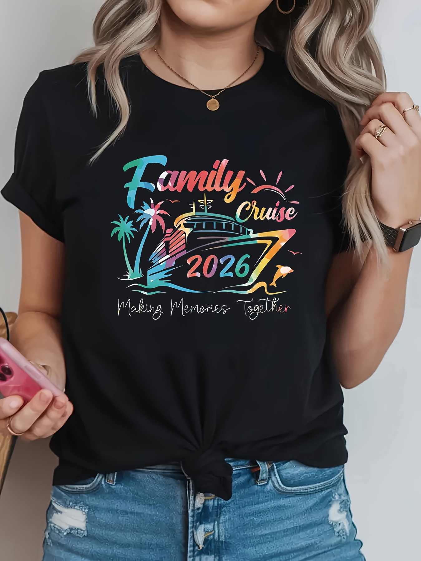 Family Tree Print - T-shirt casual da donna taglie forti