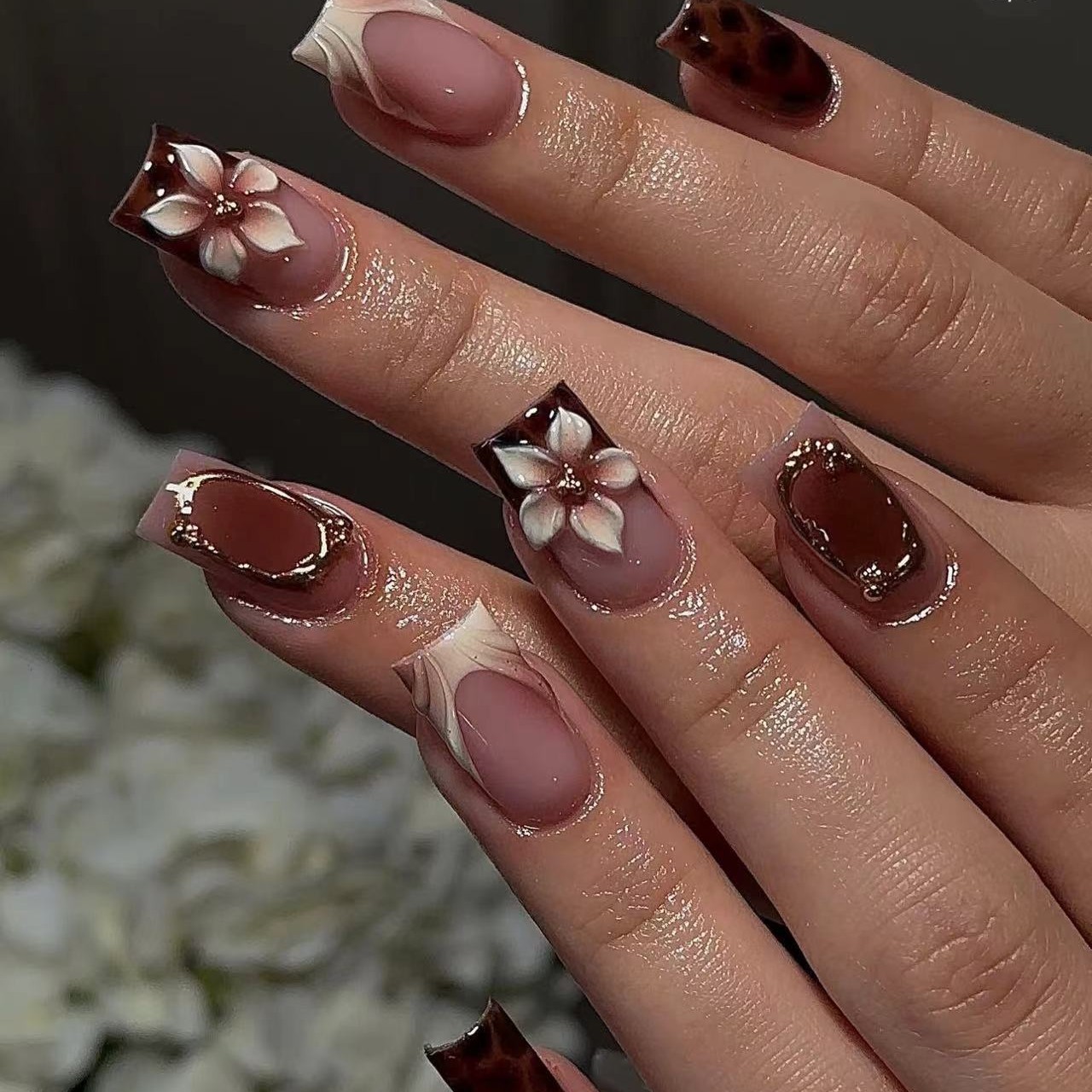 Pressed Flower Art - Unghie finte corte quadrate per donna,